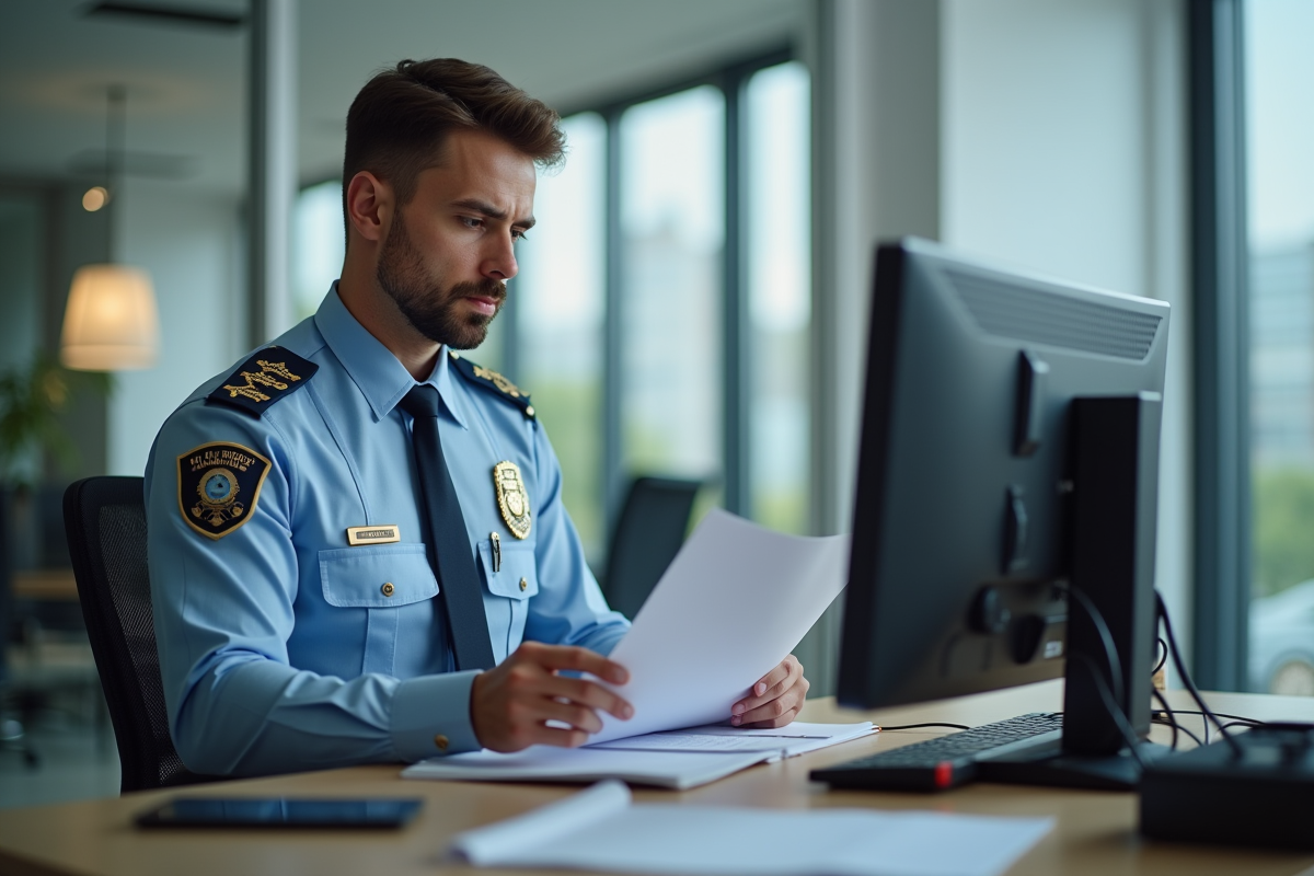 Agent de police travaillant à son bureau avec documents et ordinateur