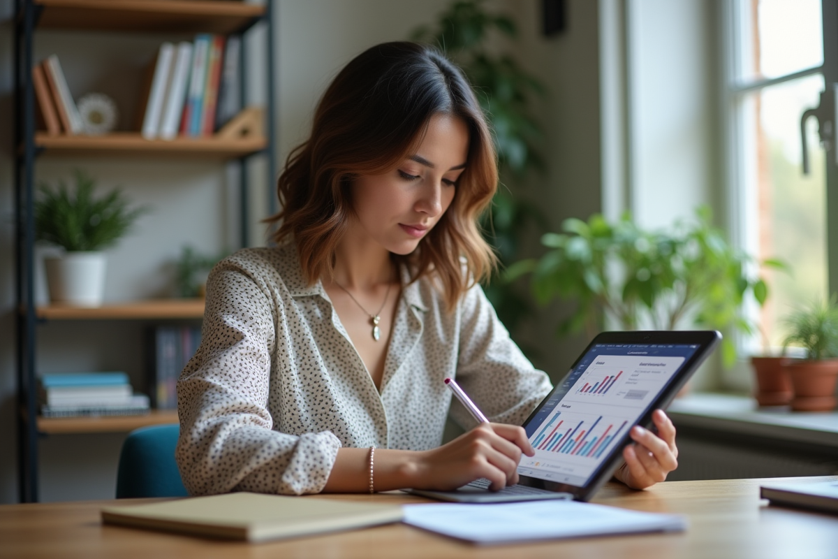 Jeune femme analyste marketing travaillant à son bureau à domicile