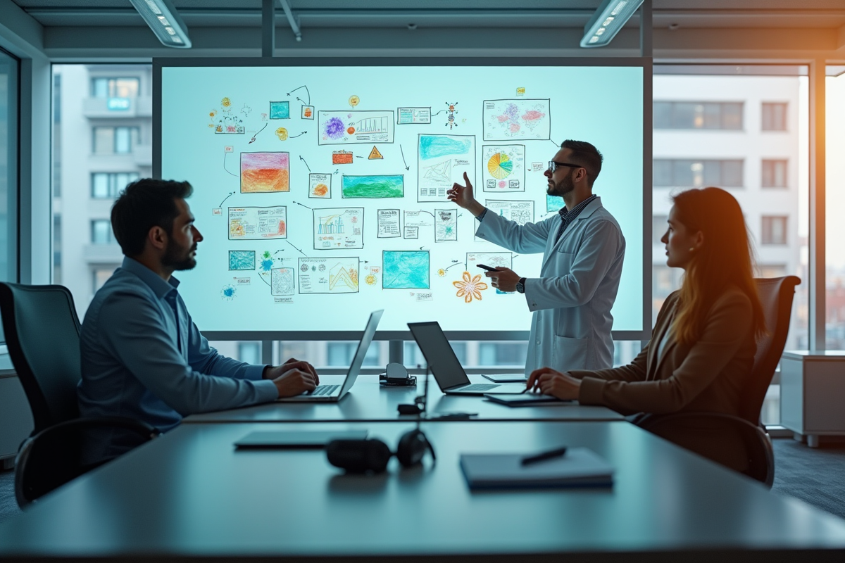 Espace de bureau moderne avec diagrammes et équipe en collaboration