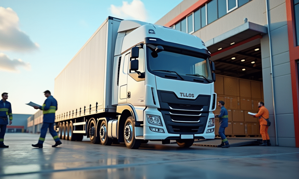 Camion de livraison moderne chargé au quai de déchargement