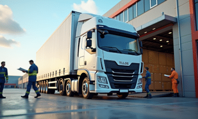 Camion de livraison moderne chargé au quai de déchargement