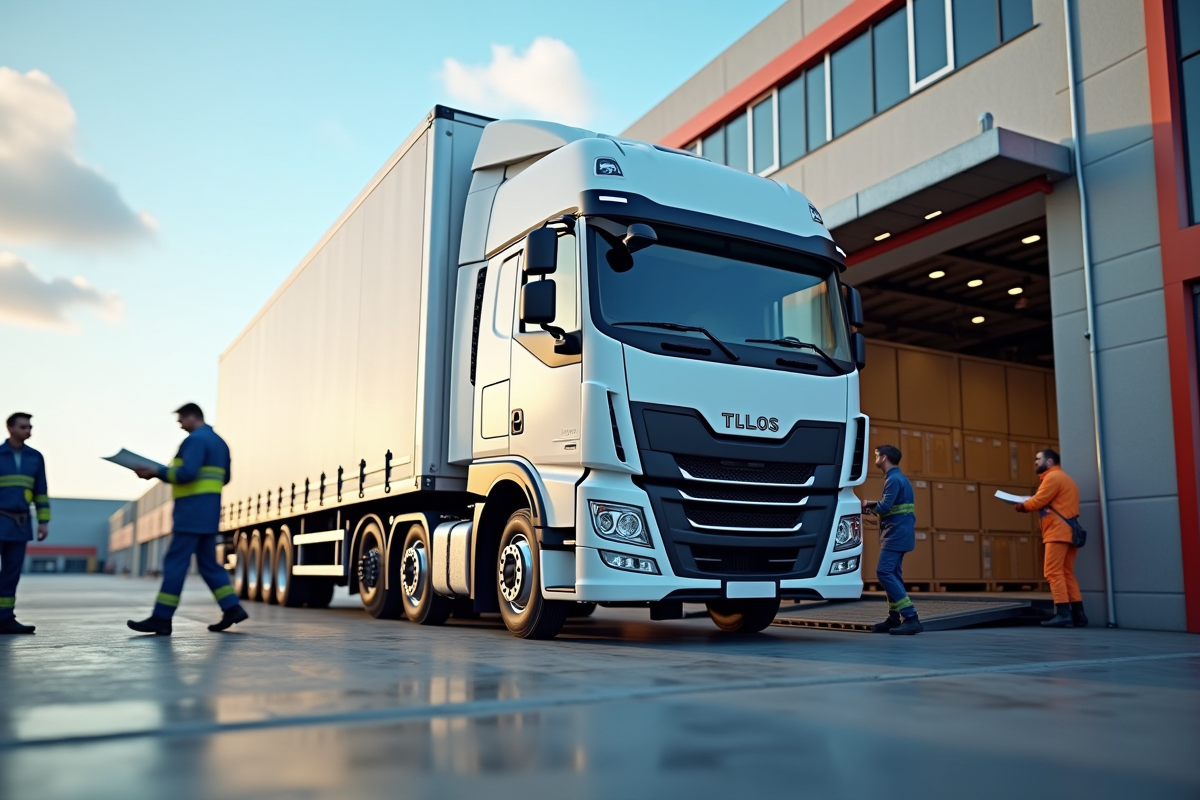 Camion de livraison moderne chargé au quai de déchargement