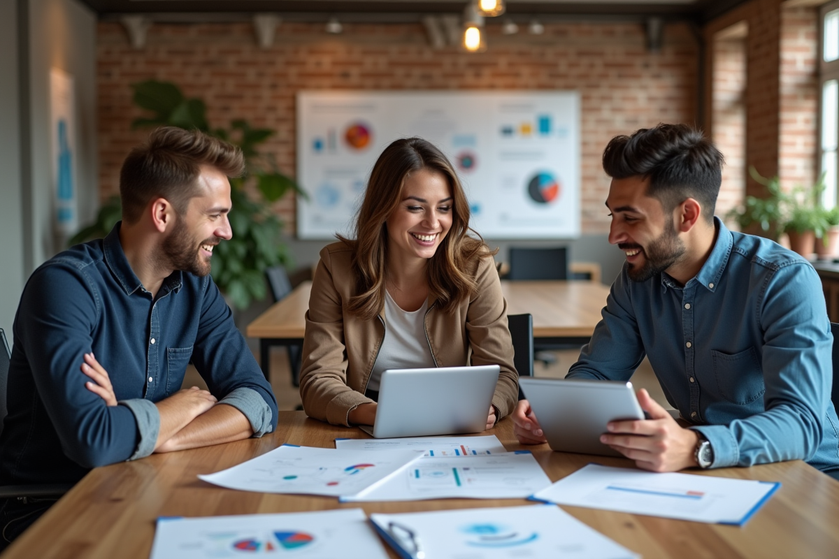 Groupe de jeunes collègues collaborant autour de documents et tablettes