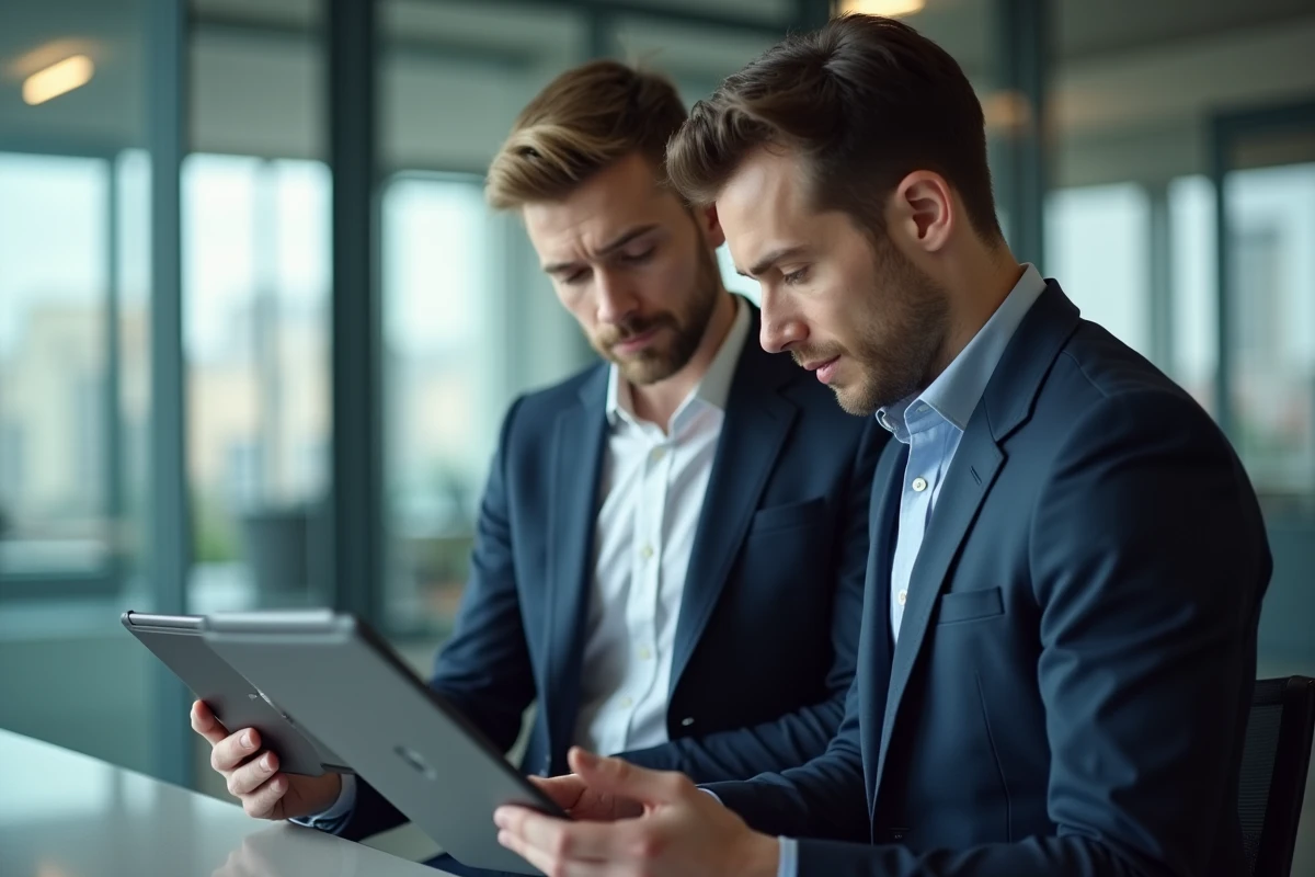 Jeune homme français discutant avec collègue au bureau