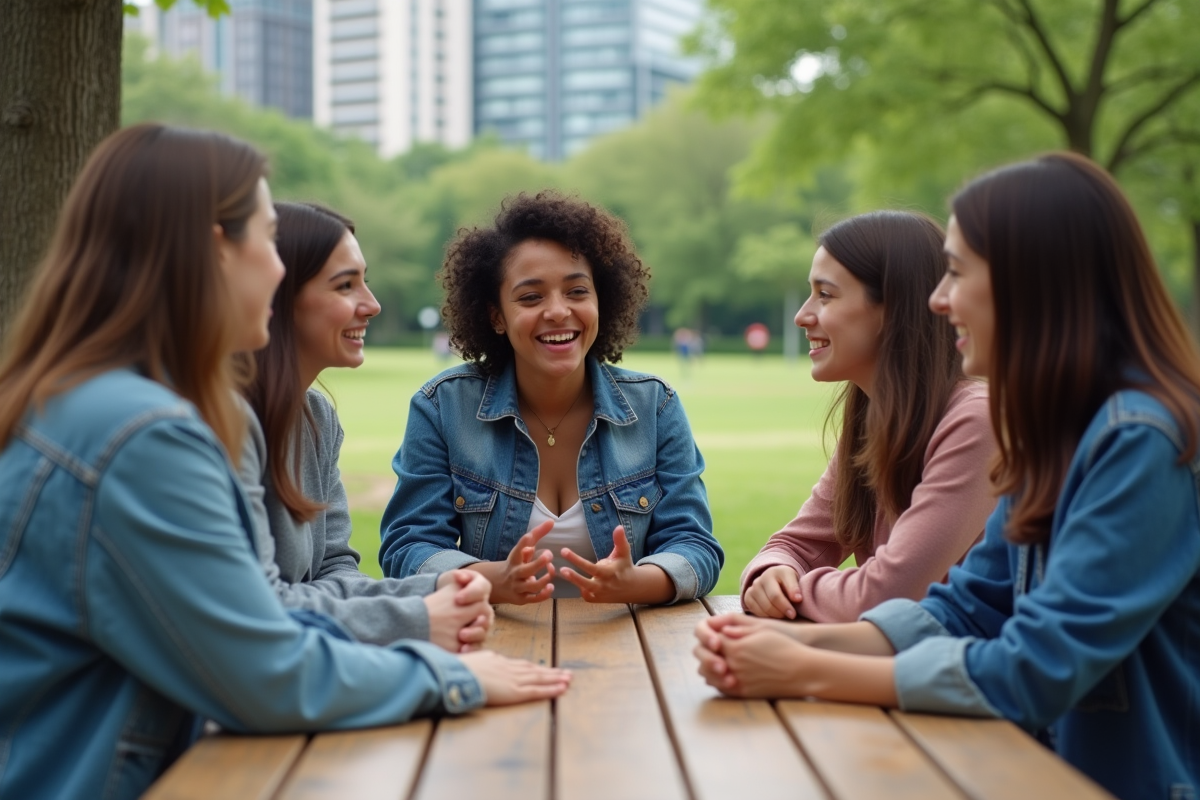 Groupe de jeunes discutant dans un parc urbain