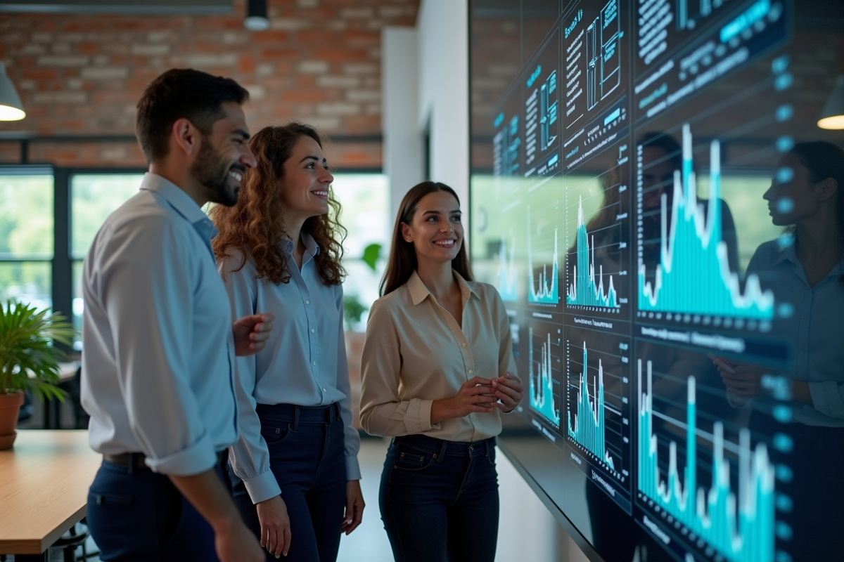 Groupe de jeunes professionnels discutant devant un écran digital