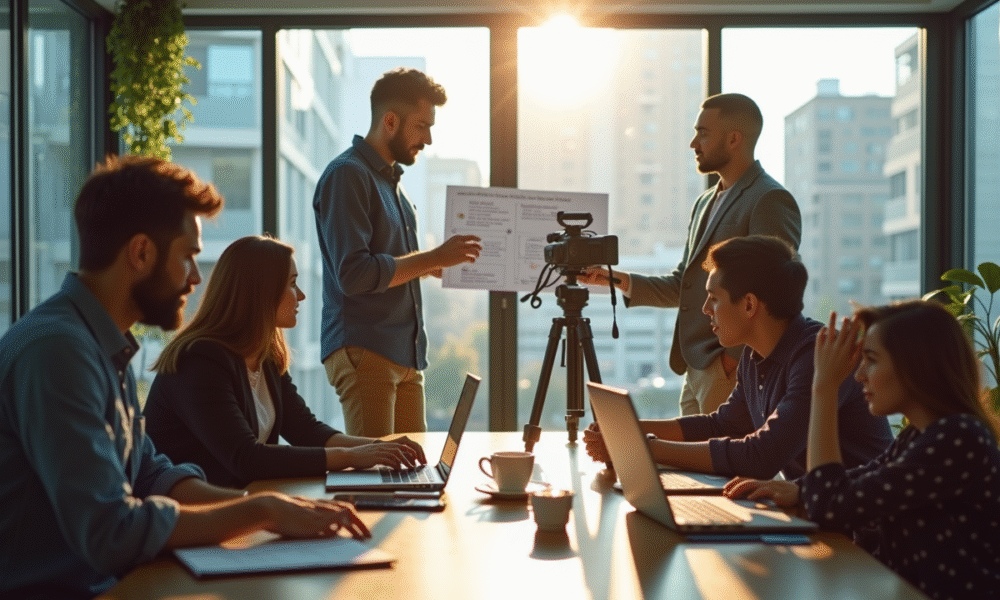 Jeune equipe créative tournant une vidéo marketing dans un bureau lumineux