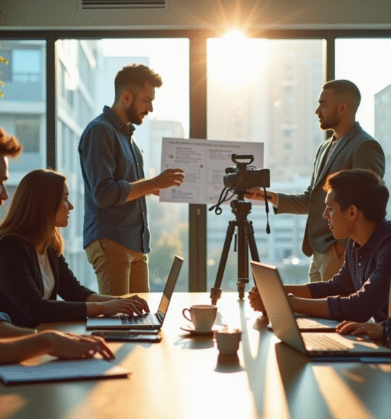 Jeune equipe créative tournant une vidéo marketing dans un bureau lumineux