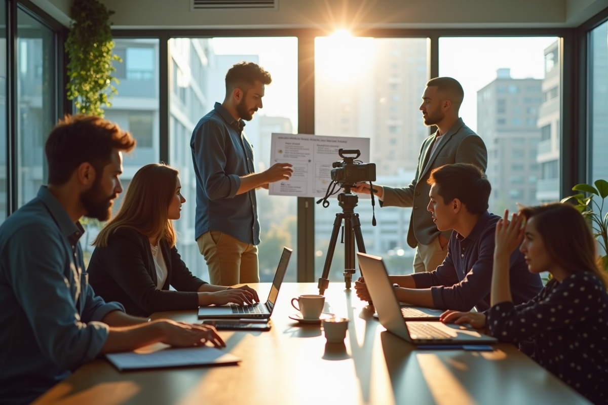Jeune equipe créative tournant une vidéo marketing dans un bureau lumineux