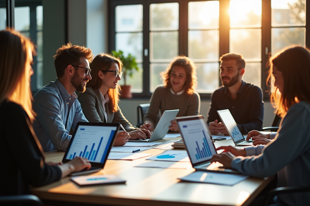 Groupe de professionnels collaborant sur des stratégies marketing digitales