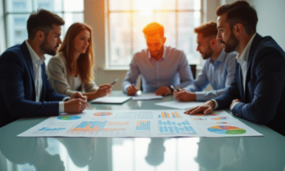 Groupe de professionnels dans un bureau lumineux analysant une grille de salaire
