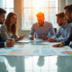 Groupe de professionnels dans un bureau lumineux analysant une grille de salaire