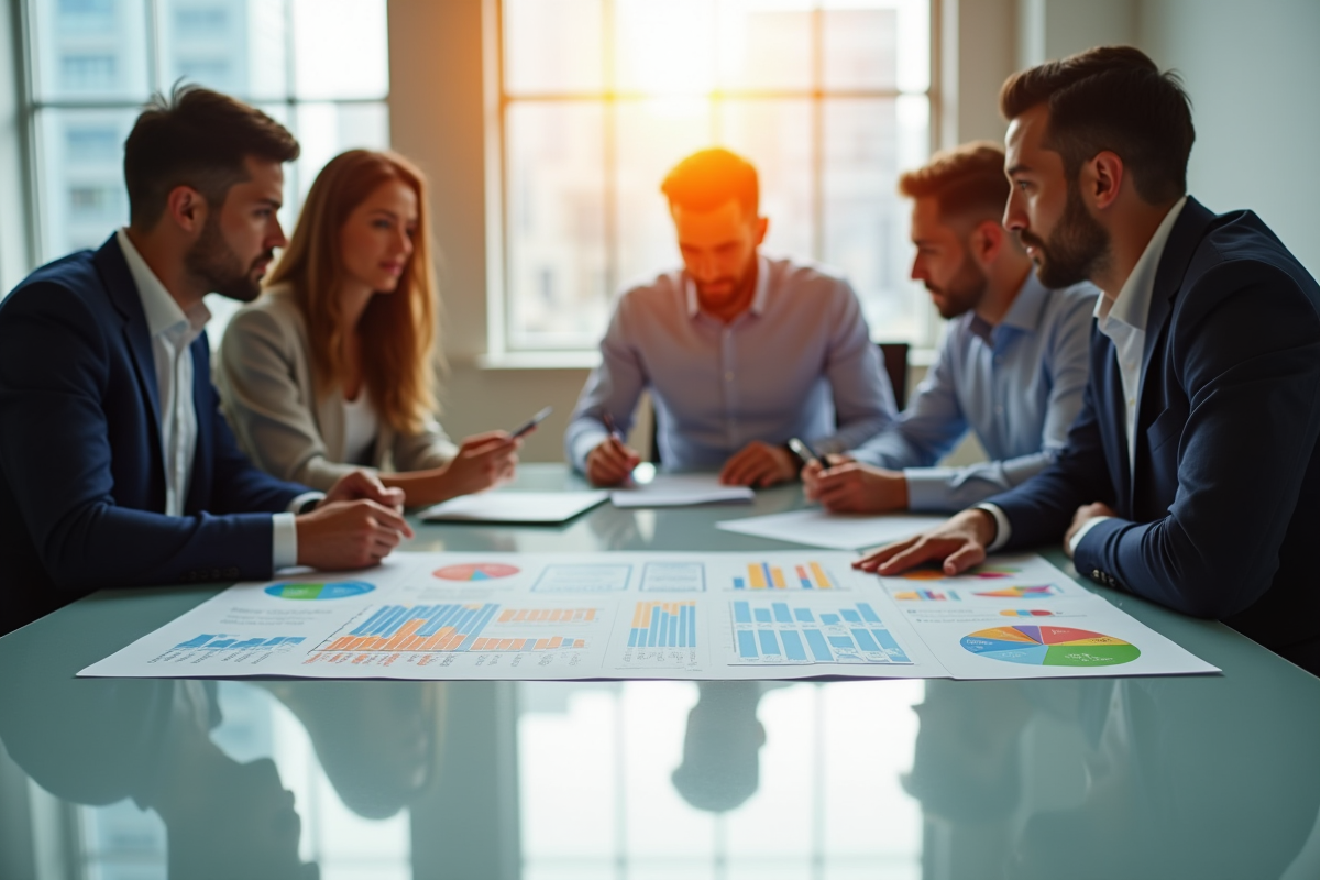 Groupe de professionnels dans un bureau lumineux analysant une grille de salaire