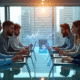 Groupe de professionnels autour d'une table avec graphiques holographiques