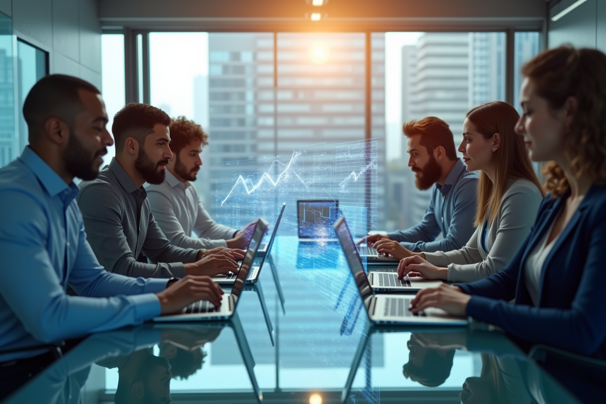 Groupe de professionnels autour d'une table avec graphiques holographiques