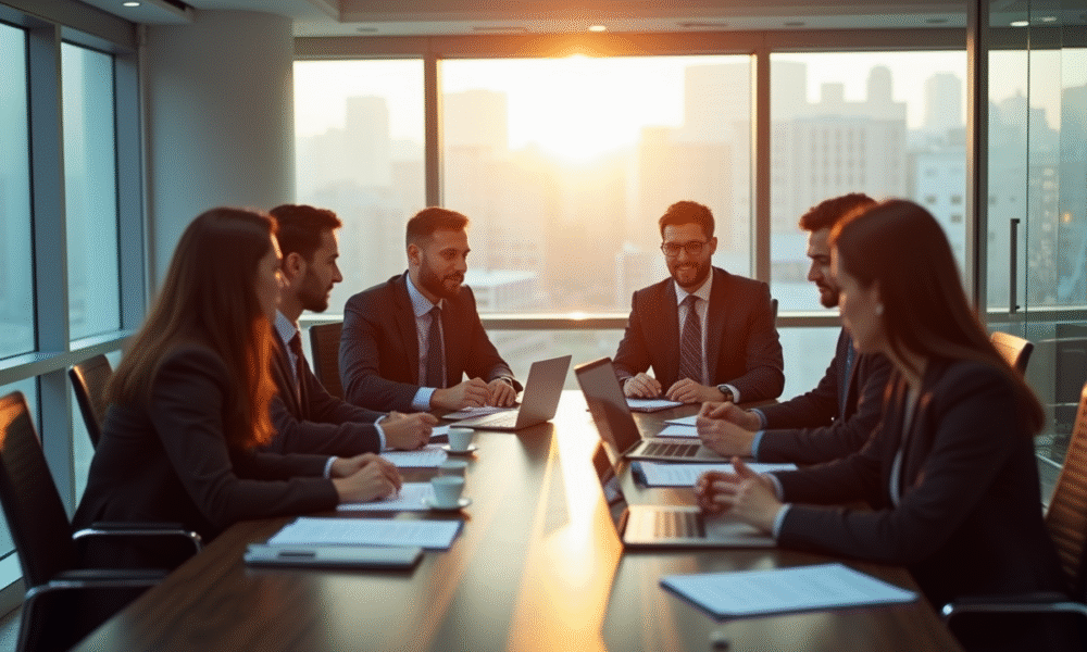Groupe de professionnels en réunion dans un bureau lumineux