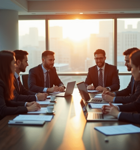 Groupe de professionnels en réunion dans un bureau lumineux