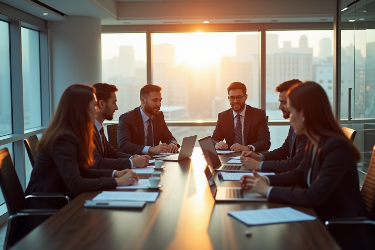 Groupe de professionnels en réunion dans un bureau lumineux