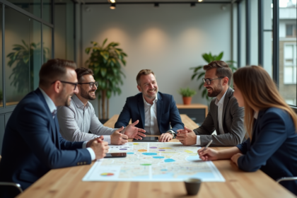 Groupe de collègues en réunion dans un bureau moderne