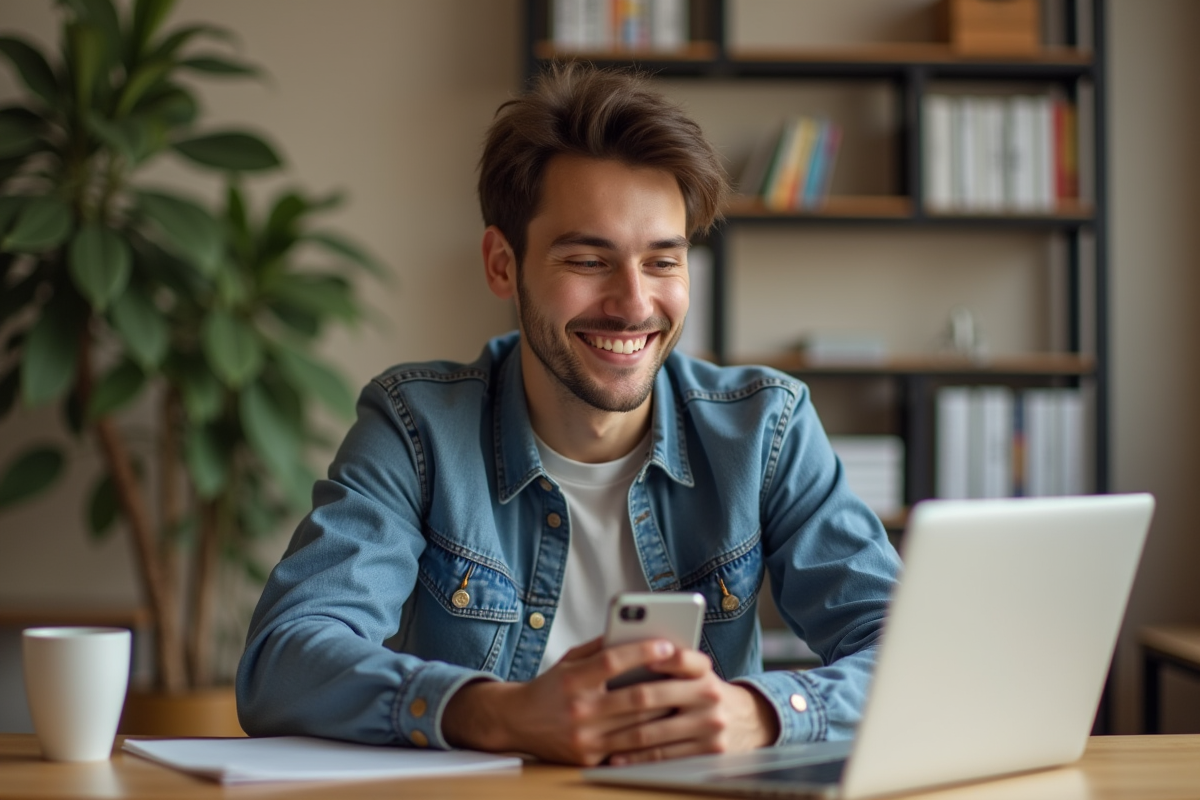 Etudiant universitaire souriant avec ordinateur et smartphone