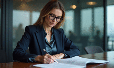 Femme d'affaires en réunion avec contrat à la main