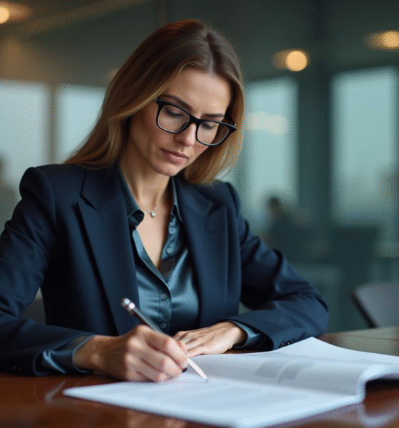 Femme d'affaires en réunion avec contrat à la main