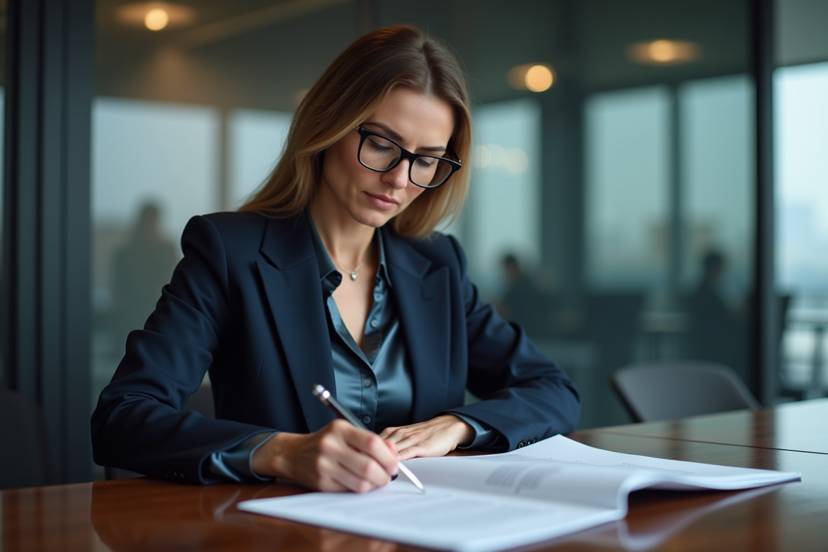 Femme d'affaires en réunion avec contrat à la main