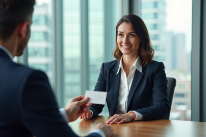 Femme d'affaires en réunion échangeant des cartes de visite