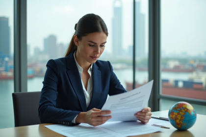 Femme d'affaires examinant documents et globe