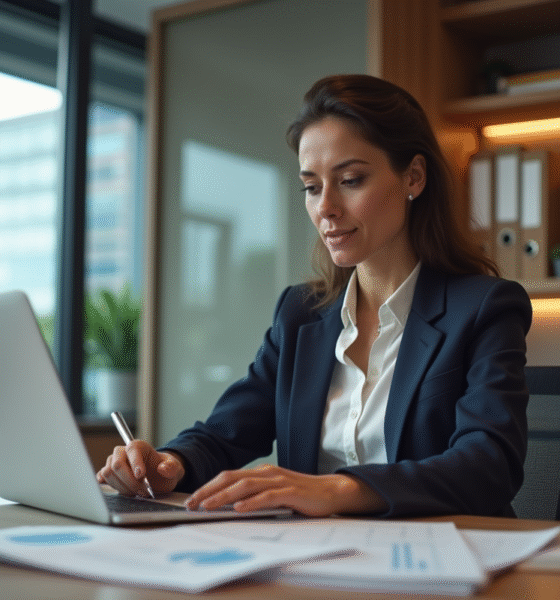 Femme d'affaires en réunion avec documents financiers