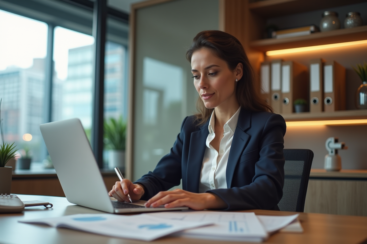 Femme d'affaires en réunion avec documents financiers