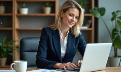 Femme d'affaires en costume analysant des graphiques financiers