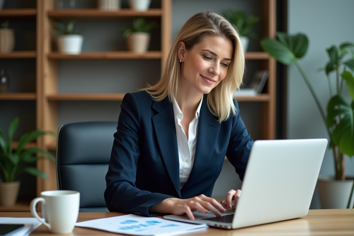Femme d'affaires en costume analysant des graphiques financiers