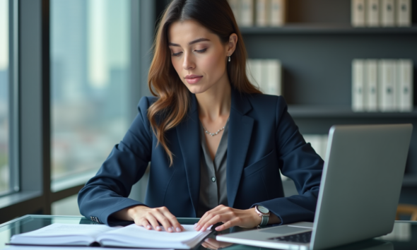 Femme d affaires en costume bleu dans un bureau moderne