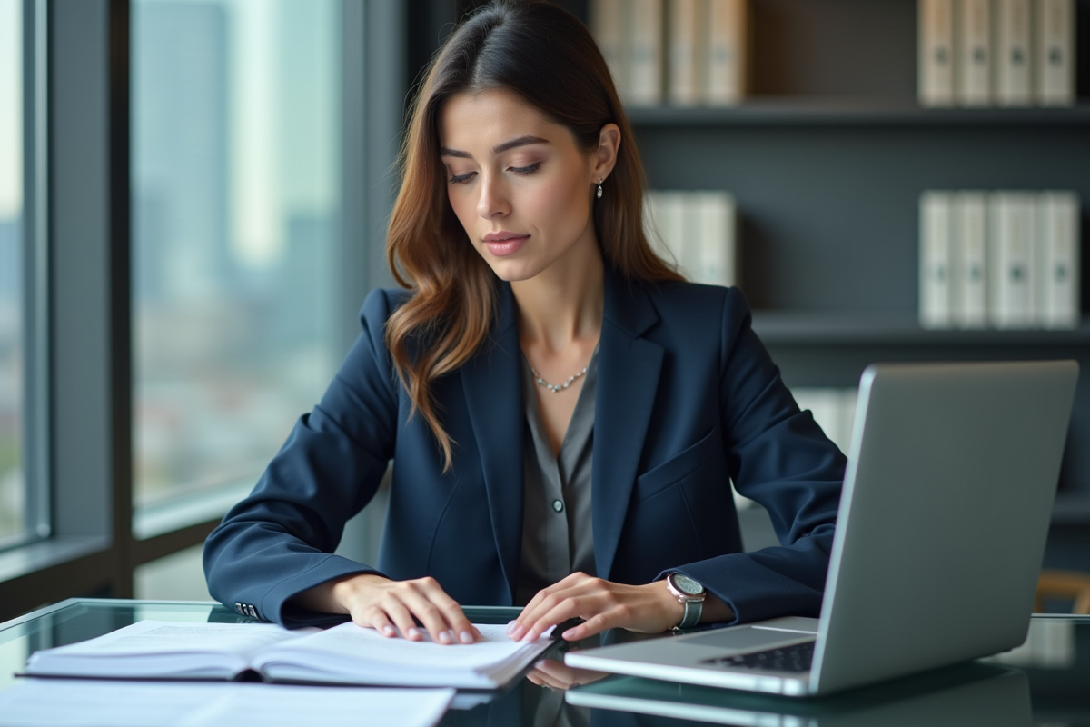 Femme d affaires en costume bleu dans un bureau moderne