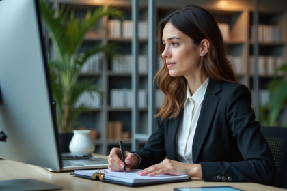 Femme d'affaires analysant des données numériques au bureau