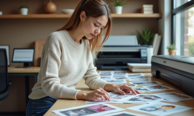 Femme examinant des flyers dans un atelier d'impression