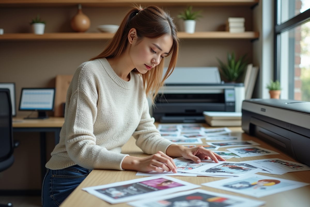 Femme examinant des flyers dans un atelier d'impression