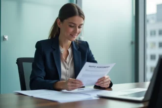 Femme concentrée au bureau lors d'une évaluation professionnelle
