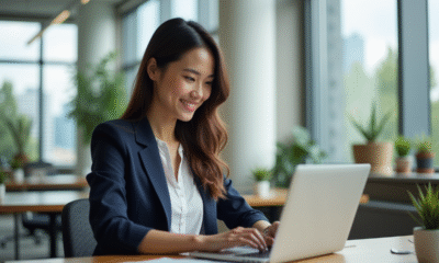 Jeune femme au bureau écrivant un email sur son ordinateur