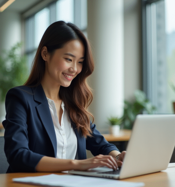 Jeune femme au bureau écrivant un email sur son ordinateur