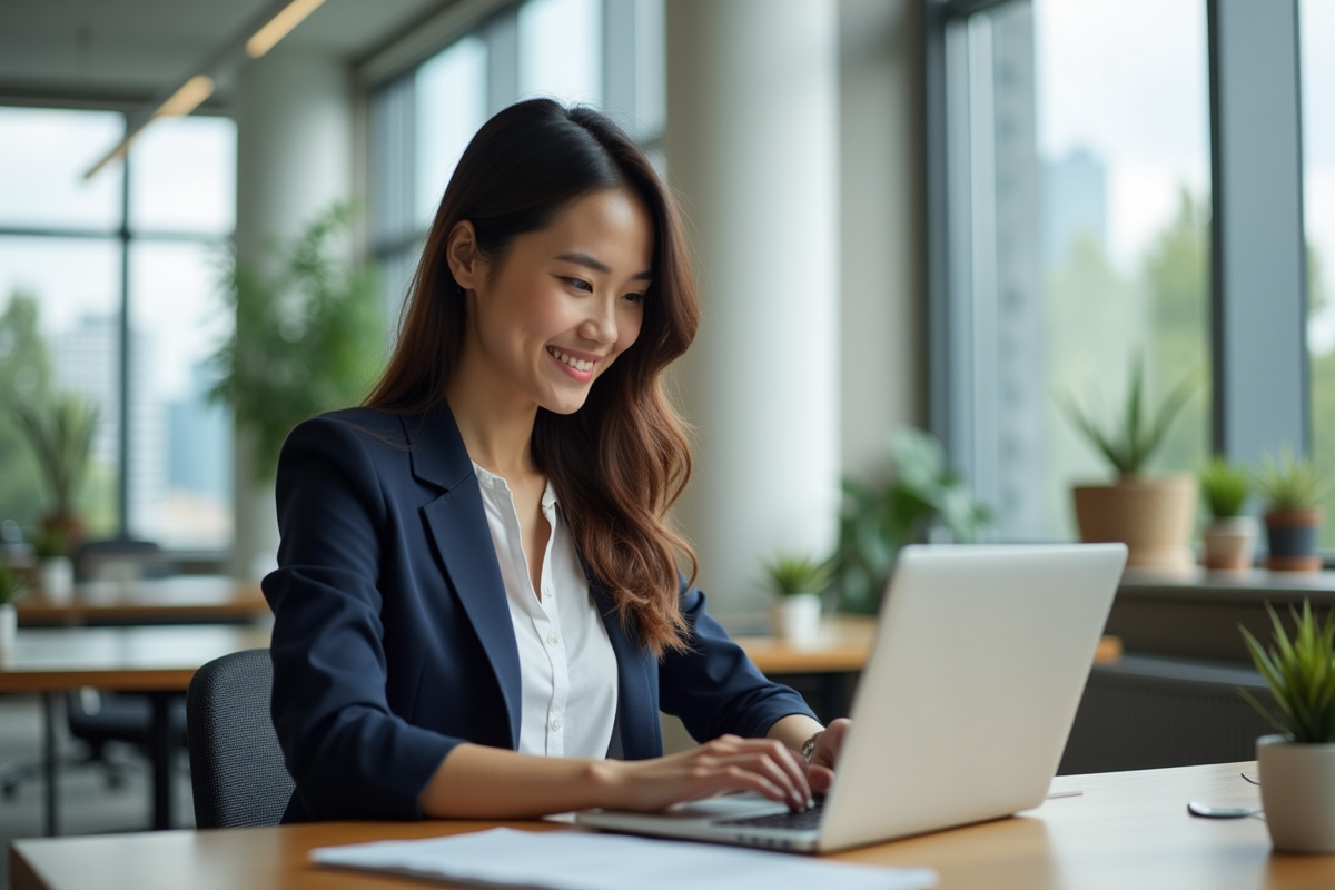 Jeune femme au bureau écrivant un email sur son ordinateur