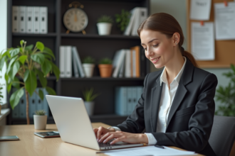 Jeune femme au bureau en train de rédiger son CV