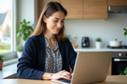 Femme assise à une table de cuisine avec ordinateur portable