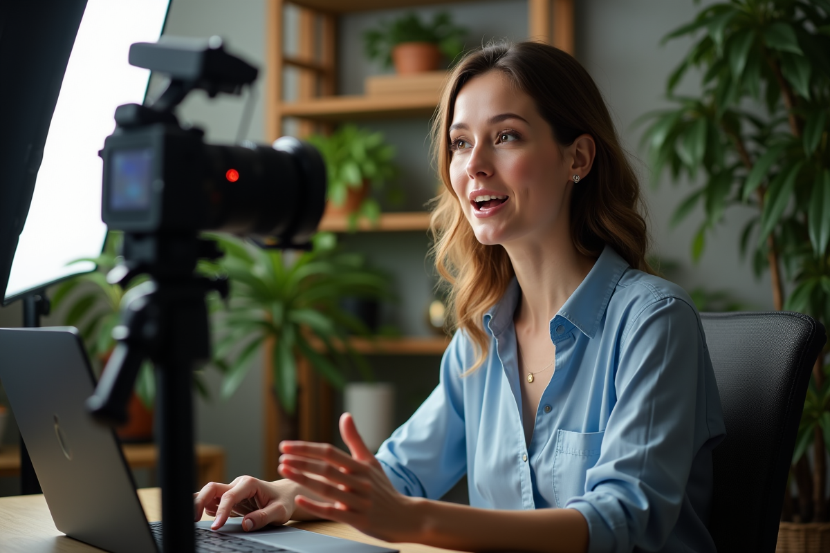 Femme confiante parlant devant des lumières douces dans un studio à domicile