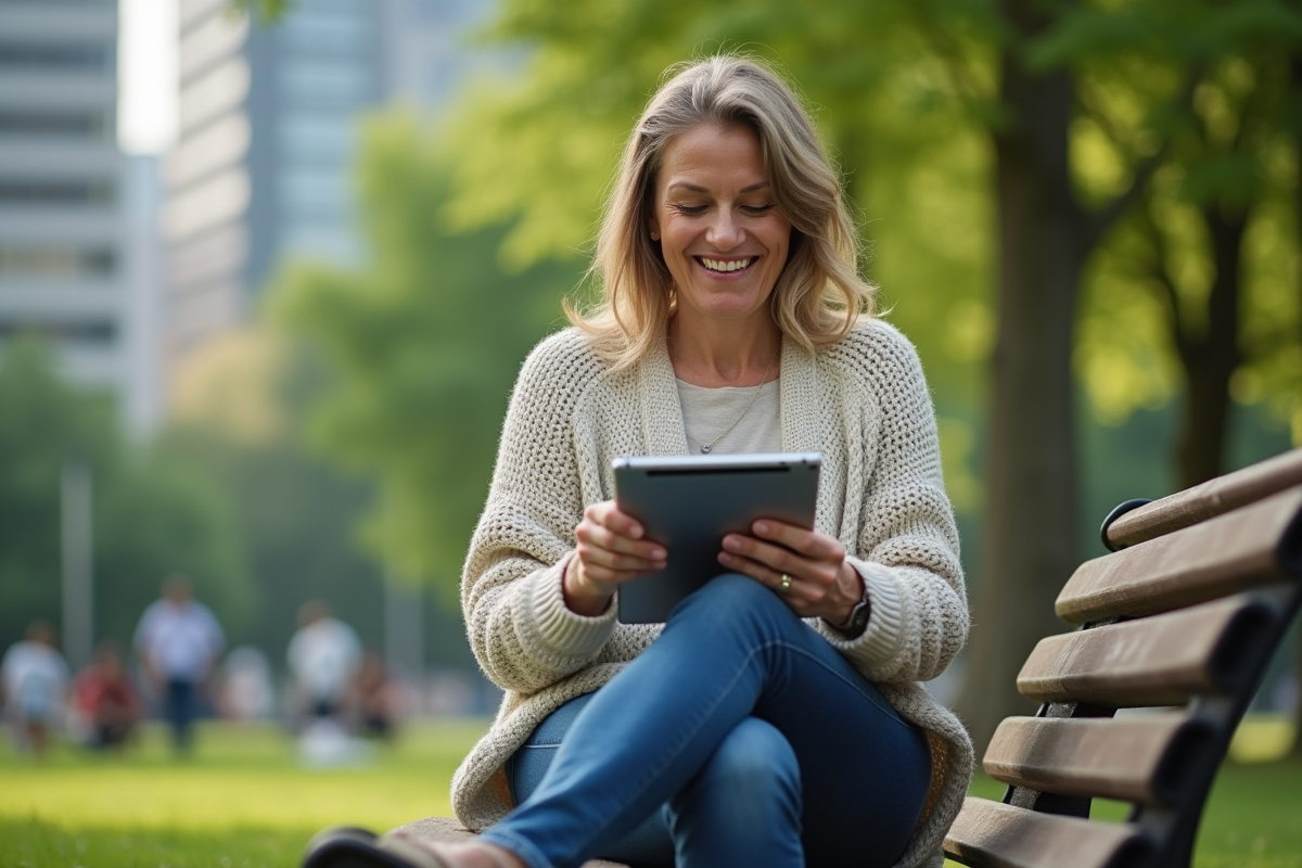 Femme assise dans un parc code sur une tablette avec stylus