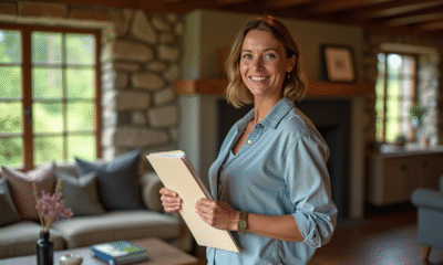 Femme souriante inspectant un gîte rural chaleureux