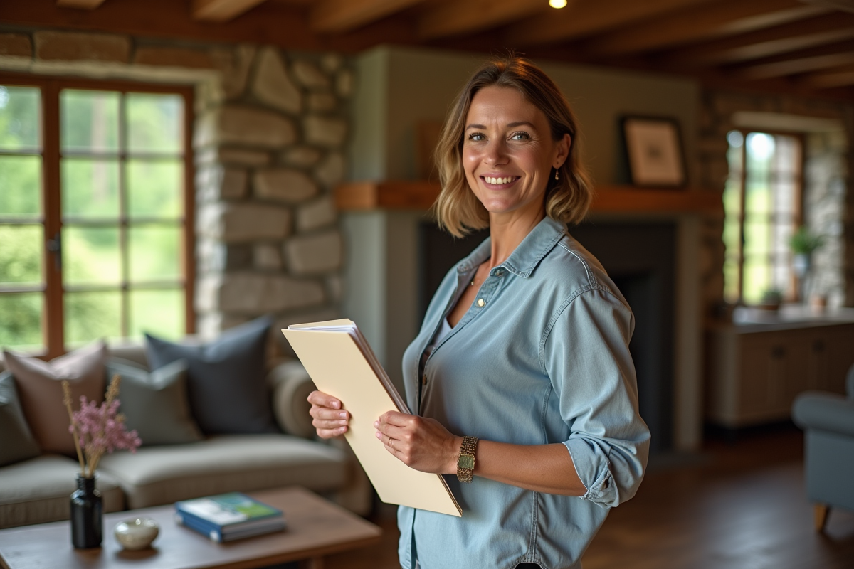 Femme souriante inspectant un gîte rural chaleureux