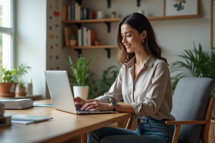 Jeune femme créant un flyer dans son bureau lumineux
