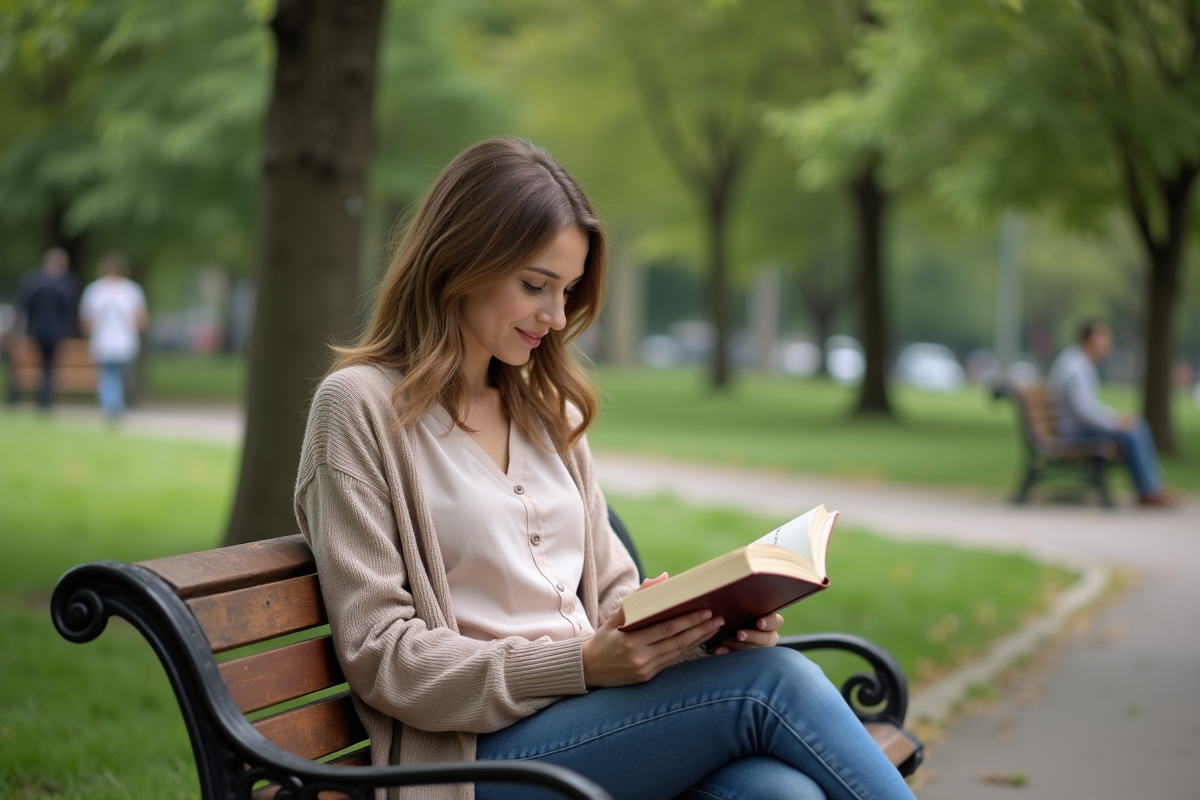 Jeune femme lisant sur un banc dans un parc urbain